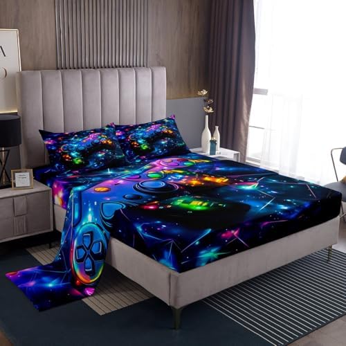 Feelyou Kids Gamer Bed Sheets Set Queen Size, Galaxy Gaming Sheet Set Glitter Game Comforter Cover Boys Girls Gamepad Teens Bedspread Cover Bedroom Decor with 2 Pillow Case by Feelyou