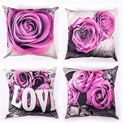 Light Purple Throw Pillow Covers Set of 4 18x18 Inch Bedroom Living Room Decorative Flower Rose Pillow Cases Cotton Linen Square Couch Sofa Chair Indoor Outdoor Patio Car Cushion Covers Home Decor - Image 5