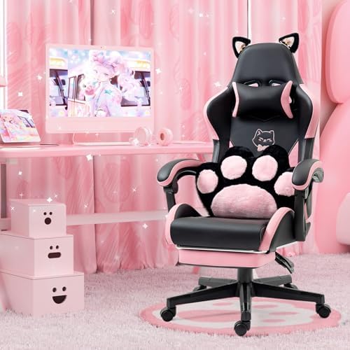 Cute Ergonomic Gaming Chair with Footrest, Girls Pink Gaming Chair with Cat Ears & Paw Lumbar Pillow for Adults Women Teens, 310 Lbs Capacity (Cute Black+Pink) - Image 2