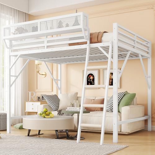 KEIKI Full Size Metal Loft Bed Frame with Ladder and Built-in Storage Shelves, for Teens, Modern Style Loft Bed with Solid Slats, Guardrail, No Box Spring Required, Easy Assembly, for Bedroom, White by KEIKI
