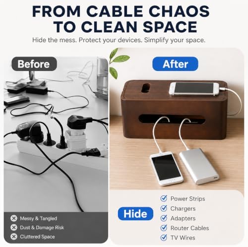 Large Wooden Cable Management Box, Cord Organizer for Power Strip, Surge Protector & Chargers, Ventilation Holes & Multi Cable Slots, Wire Hider for Desk, TV, Office & Gaming Setup - Image 2
