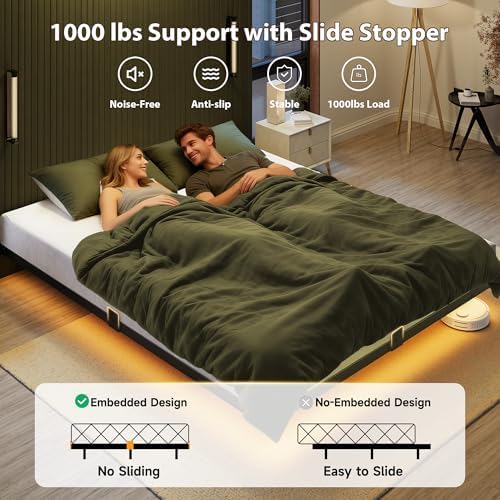 Floating Bed Frame Queen Size, Smart LED Lights & Charging Station, 9.45" High Clearance, Mattress Slide Stopper, Noise-Free, No Box Spring Needed, Easy Assembly - Image 6