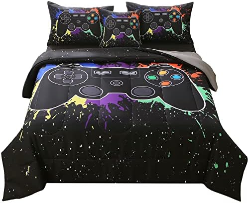 JQinHome Twin Gamer Comforter Sets for Boys&Girls ,6 Piece Bed in A Bag 3D Video Game Bedding -All Season Microfiber Gamer Bedding Sets for Kids, with Pillowcase, Flat & Fitted Sheet,Cushion Cover by JQinHome