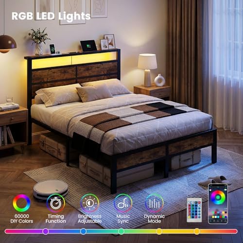 Full Size Metal Bed Frame with Storage Headboard, LED Lights - Image 4