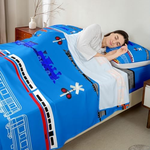 Erosebridal Train Bed Sheets Set for Boys,Cartoon Car Sheet Set for Boys Girls Kids,Vintage Car Sheets with Pocket,Retro Steam Railway Rail Flat Fitted Sheet,Traffic Light Bedding Set,Blue Twin 3Pcs - Image 4