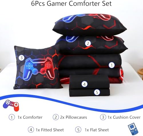 6 Pieces Full Size Kids Comforer Set for Boys Blue and Red Gaming Bedding Set 3D Honeycomb Gamer Bed in a Bag Game Console Printed Teen Boy Bed Comforter Sheet Set (Blue Red, Full) - Image 3