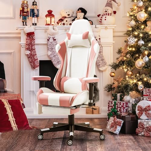 ECOTOUGE Pink-White Ergonomic High Back PC Gaming Chair with Footrest | Reclining Racing PU Leather, Adjustable Height, 360° Swivel, Sturdy Base, Headrest, Lumbar Pillow, for Girls, Women, Office - Image 3