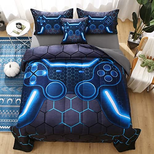JQinHome Twin Gamer Comforter Set for Boys,6 Piece Bed in A Bag 3D Video Game Bedding -All Season Soft Microfiber Down Alternative Comforter Gamer Bedding Sets for Kids - Image 3