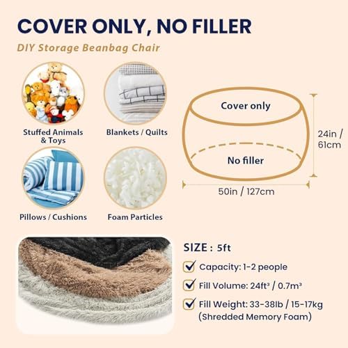 Bean Bag Cover (No Filler) - Faux Fur Beanbag Chairs Covers Only, Stuffed Animal Storage Bean Bag for Adults, Large Washable Beanbag Cover Without Filling, 5FT, Purple - Image 7