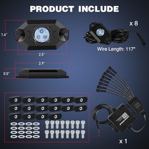 Nilight RGB LED Rock Lights Kit 8PCS Bluetooth App Control Multicolor - Image 2