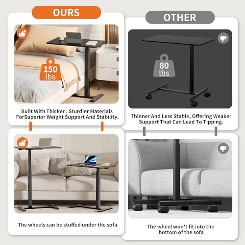 Overbed Bedside Table with Hidden Casters,Adjustable Hospital & Home Use Bed Table, Rolling Laptop Table, Mobile Standing Desk,Black - Image 7