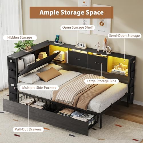 MapleGrace Twin Corner Bed Frame with Upholstered Storage Headboard and Drawers, Metal Platform Bed Frame with LED Light and Charging Station, Twin Daybed for Living Room, Bedroom & Guest Room, Black - Image 6