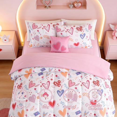 Twin Comforter Set for Girls - 3 Pieces Pink Hearts Twin Bedding Sets - Image 5