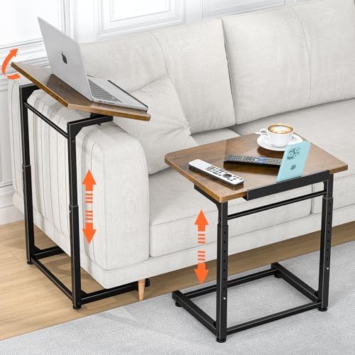 Tv Tray Table, 8-Level Adjustable Height Couch Side Table，90° Tilt Angle Adjustments C-Shaped End Table, with Phone & Tablet Slot Sofa Computer Desk for Couch, Sofa, Bed, Chair, Living Room (Brown) by Dataroad+Selead
