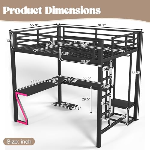 DNYN Metal Loft Bed with L-Shaped Desk and USB Ports for Teens/Adults Bedroom, Heavy-Duty Full Size Metal Bed Frame with Computer Tray/Peg Board/Gaming Style Z-Shaped LED, No Box Spring Needed - Image 2