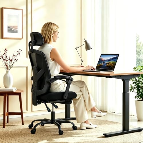 Ergonomic Office Chair with Footrest, Computer Gaming Chair | Adjustable Headrest, Lumbar Support, Swivel Reclining, Padded Armrest, Mesh High Back, Home Desk Work Study, Black - Image 2