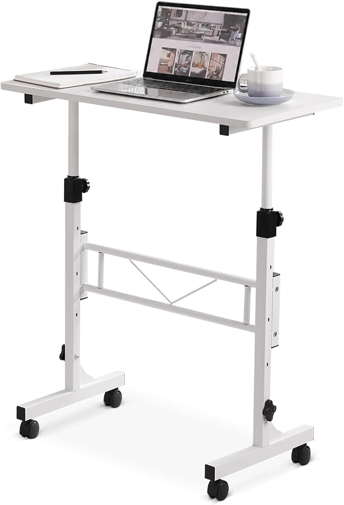Amztabler Small Standing Desk Adjustable Height, Mobile Stand Up Desk with Wheels, 32 Inch Portable Rolling Desks Conference Room Tables for Walking Pad Treadmill White by Amztabler