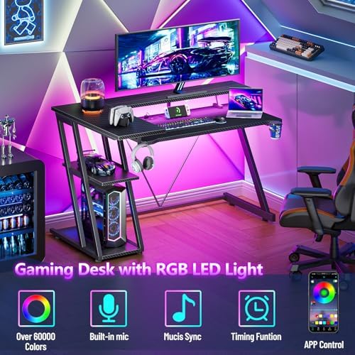 Korfile 40 Inch Gaming Desk with Power Outlet & LED Lights, L Shaped Computer Gaming Table with 3 Tiers Storage Shelves, Corner Gamer Desk with Monitor Stand for Small Space, Carbon Fiber Black - Image 4