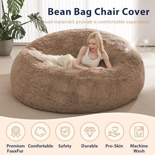Big Bean Bag Cover Only, Washable Oversized Bean Bag Chairs Cover for Adults, Fluffy Plush Bean Bags Cover for Adults Teenagers Without Filler Included, 7FT, Khaki - Image 5