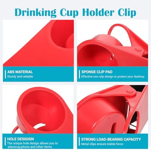 4 Pack Drinking Cup Holder Clip Large Desk Cup Holder with Side Hole Beach Cups Holders for Chair Water Bottle Clip for Coffee Mug Soda Can, Black Red Blue Green - Image 3