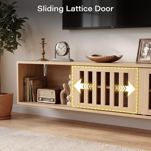 59" Floating TV Stand Wall Mounted with Power Outlet, Natural - Image 4