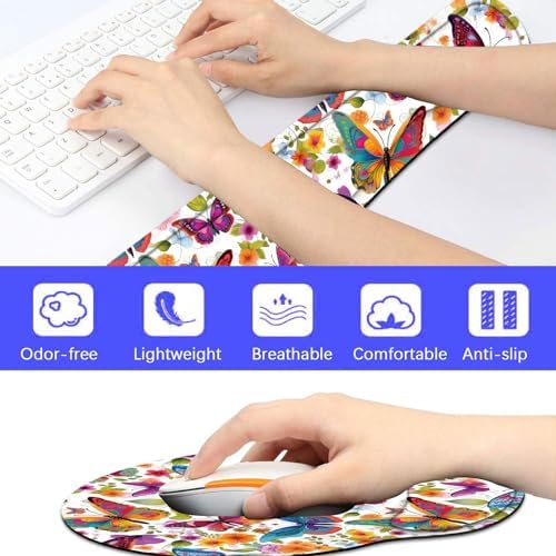 Keyboard Wrist Rest and Mouse Pad Wrist Support Set with Coaster,Ergonomic Mouse Pad,Comfortable for Easy Typing, Pain Relief,Memory Foam Keyboard Pad Set for Laptop Mac,Colorful Butterfly and Flower - Image 6