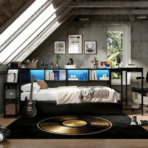 Bellemave Queen Size Corner Bed Frame with Storage Drawers, Bookcase and Side Desk, Queen Corner Bed with Light and Charging Station, Daybed for Bedroom, Living Room, Guest Room Black - Image 3