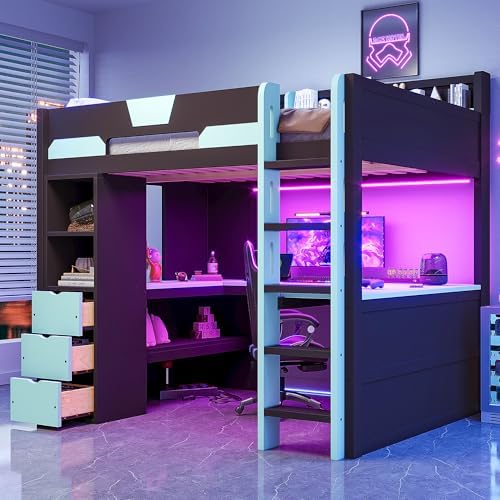 Merax Full Size Wood Gaming Loft Bed with U-Shaped Desk, Lights & USB Ports - Image 4