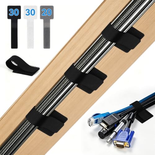 80 Pcs Cable Management Under Desk, Cord Organizer, Reusable Hook and Loop Cable Ties, Computer Accessories for Desk, Home Office Essentials, Black, White, Grey by Numyew