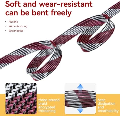 Braided Cable Sleeve, 16.4ft Expandable Mesh Cable Management Sleeve, Wear-Resistant Cord Protectors from Pets No Chew Flexible Wire Sleeving for Audio Video (White and red, 1/4") - Image 3