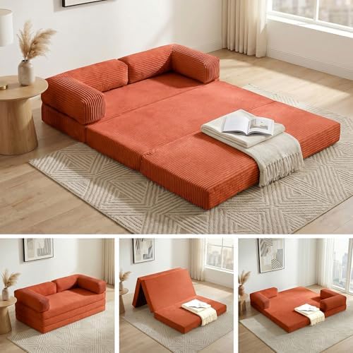 Convertible Sofa Bed Queen,5-in-1 Boneless Couch with Removable Armrests & Handle,Corduroy Futon Sleeper Sofa,Floor Folding Mattress Pull Out Bed for Small Space Apartment Living Room Bedroom,Orange by NLDDTrailblazersTreasures