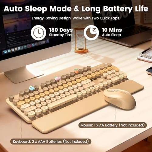 Wireless Keyboard and Mouse Combo, Full-Size Retro Typewriter Keyboard with Round Keycaps, Magnetic Wrist Rest & Tilt Legs, 2.4GHz Cordless for Mac/Windows PC/Laptop, SABLUTE CK23, Latte Gradient - Image 6