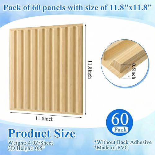 Nuanchu 60 Pcs 3D Wall Panels, 12"x12" PVC Fluted Tiles, Natural Oak - Image 2