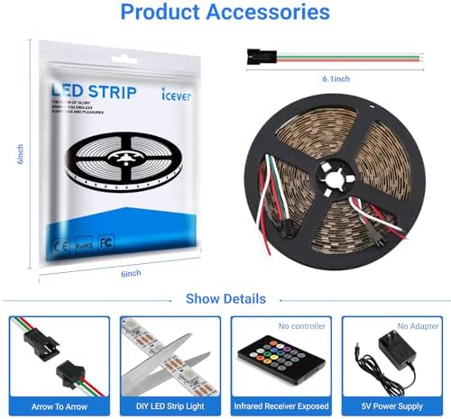 WS2812B LED Strip Lights, 16.4FT 5V, Black PCB IP65, 300 LEDs - Image 6