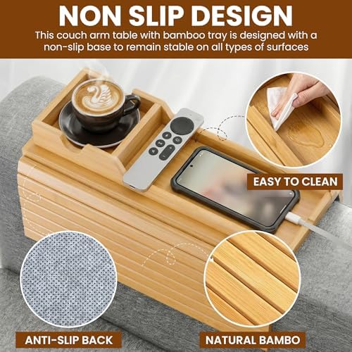Couch Arm Tray with Cup Holder 3-in-1 Bamboo Sofa Armrest Table - Image 3