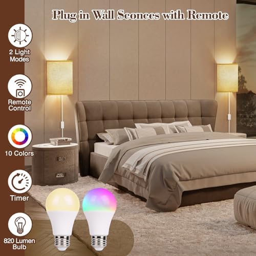 Plug in Wall Sconces Set of Two: Wall Lights with 7 RGB Colors - 3 Color Temperature Wall Mount Lamps with Remote - Fabric Linen Wall Sconc for Bedroom Living Room & Hallway- Indoor Corded Wall Sconce - Image 2