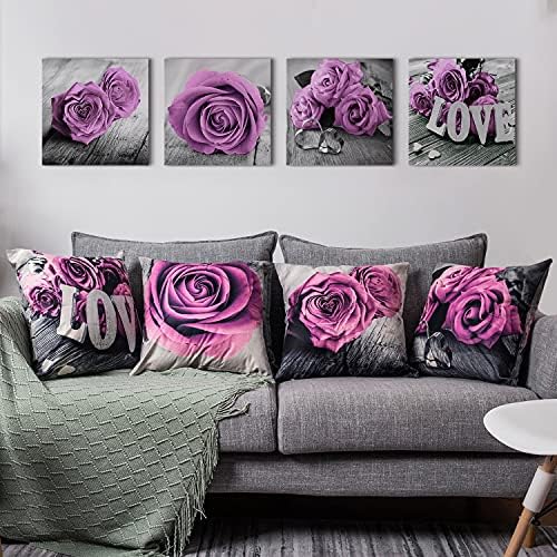 Light Purple Rose Throw Pillow Covers Set of 4 20x20” Flower Decorative Cotton Linen Square Pillow Cases for Bedroom Outdoor Patio Couch Cotton Linen Cushion Covers Living Room Bed Sofa Home Decor - Image 3