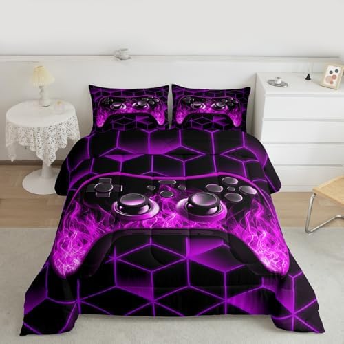 Purple Gaming Comforter Sets for Boys Gamer Gifts,Neon Geometric Toddler Bedding Sets for Boys,3D Geometric Kids Comforter Set Flame Gaming Consoles Decor Boy Bedroom Decor - Image 5