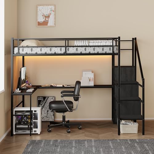 Metal Full Size Loft Bed with L-Shaped Gaming Desk & Storage Staircase - Image 2