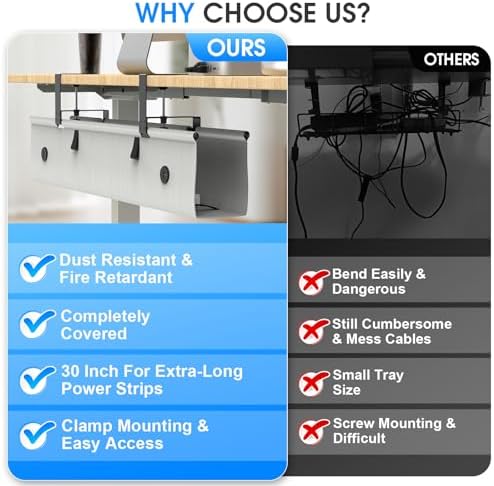 Under Desk Cable Management Tray, 30-inch No-Drill Cord Organizer with Anti-Sag Reinforced Base, Fabric Wire Management Hider for Standing Desk, Office & Gaming Accessories - Grey - Image 6