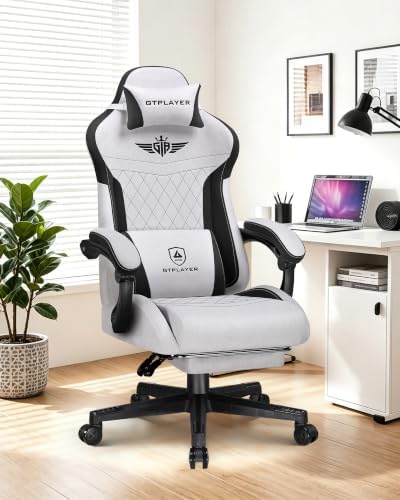 GTPLAYER Gaming Chair with Footrest, Big and Tall Game Chair High Back Computer Office Chair with Lumbar Support for Adults, Ergonomic Swivel Games Chair with Cushion Gaming, Fabric Grey by GTPLAYER