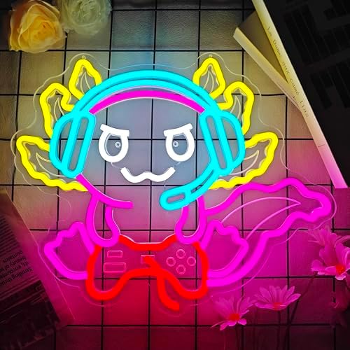 Gaming Axolotl Neon Sign Dimmable Axolotl Playing Video Games Light Up Sign Game Room Led Wall Art Gamer Room Decor Funny Axolotl Gifts for Girls Boys - Image 4
