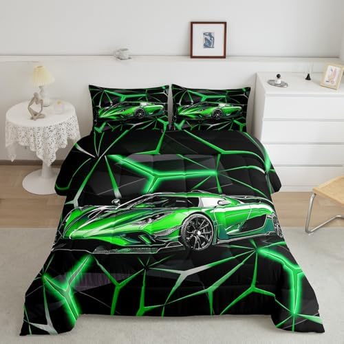 Feelyou Sports Car Bedding Set for Boys, Green Race Car Comforter Set Toddler Size for Kids Teens Adult, Cool Speed Car Bedding Comforter Sets Extreme Sports Quilt Race Car Decor Quilt Set for Boys by Feelyou