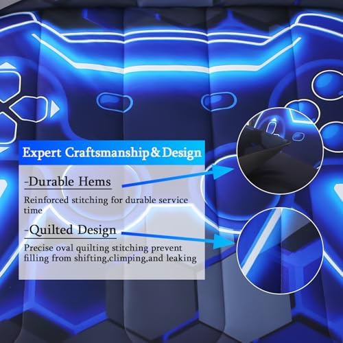 JQinHome Queen Size Gaming Bedding Set 6-Piece Comforter for Boys Teens - 3D Video Game Print Bed in a Bag with Sheets, Blue Cool Black Design (Queen) - Image 6