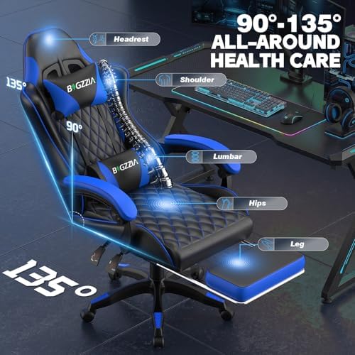 Bigzzia Ergonomic Gaming Chair with Footrest & Breathable PU Leather, Blue - Image 6