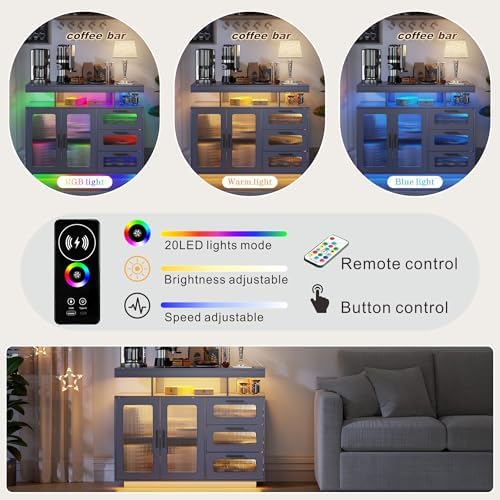 HWB Coffee Bar Cabinet with RGB Light & Charging Station, Gray - Image 3
