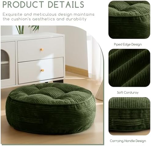 HIGOGOGO 8" Extra Thick Floor Pillow Cushion for Adults, Meditation Cushion Pillow, Large Round Floor Sitting, Tufted Corduroy Cover, for Tatami Living Room or Yoga, 22x22 Inch, Dark Green - Image 3