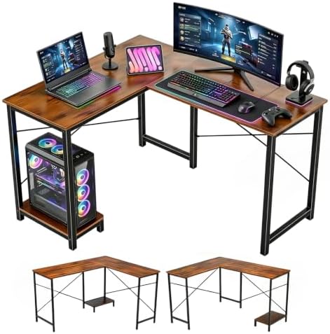 L Shaped Desk Computer Desk, 50inch Brown Gaming Desk with CPU Stand by SageNest