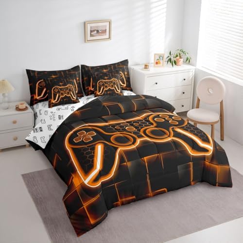 Feelyou Kids Gamer King Comforter Set with Sheets 7 Piece Orange and Black Bedding Set for Boys Teens Decor Gaming Ombre Bed in a Bag Geometric Square Bed Set - Image 2