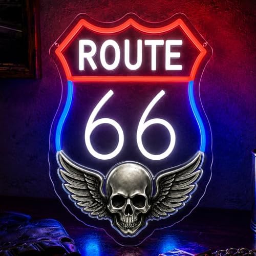 Route 66 Neon Sign Vintage LED Wall Decor Skull Wings Garage Man Cave Light by Mvorixa